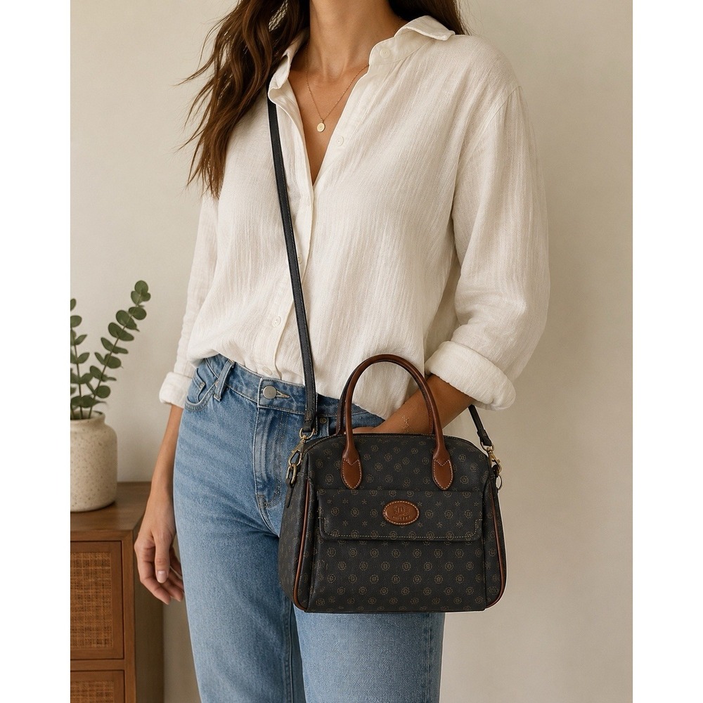 Beauty Made in Italy Monogram Satchel Crossbody Top Handle Bag Leather Trim